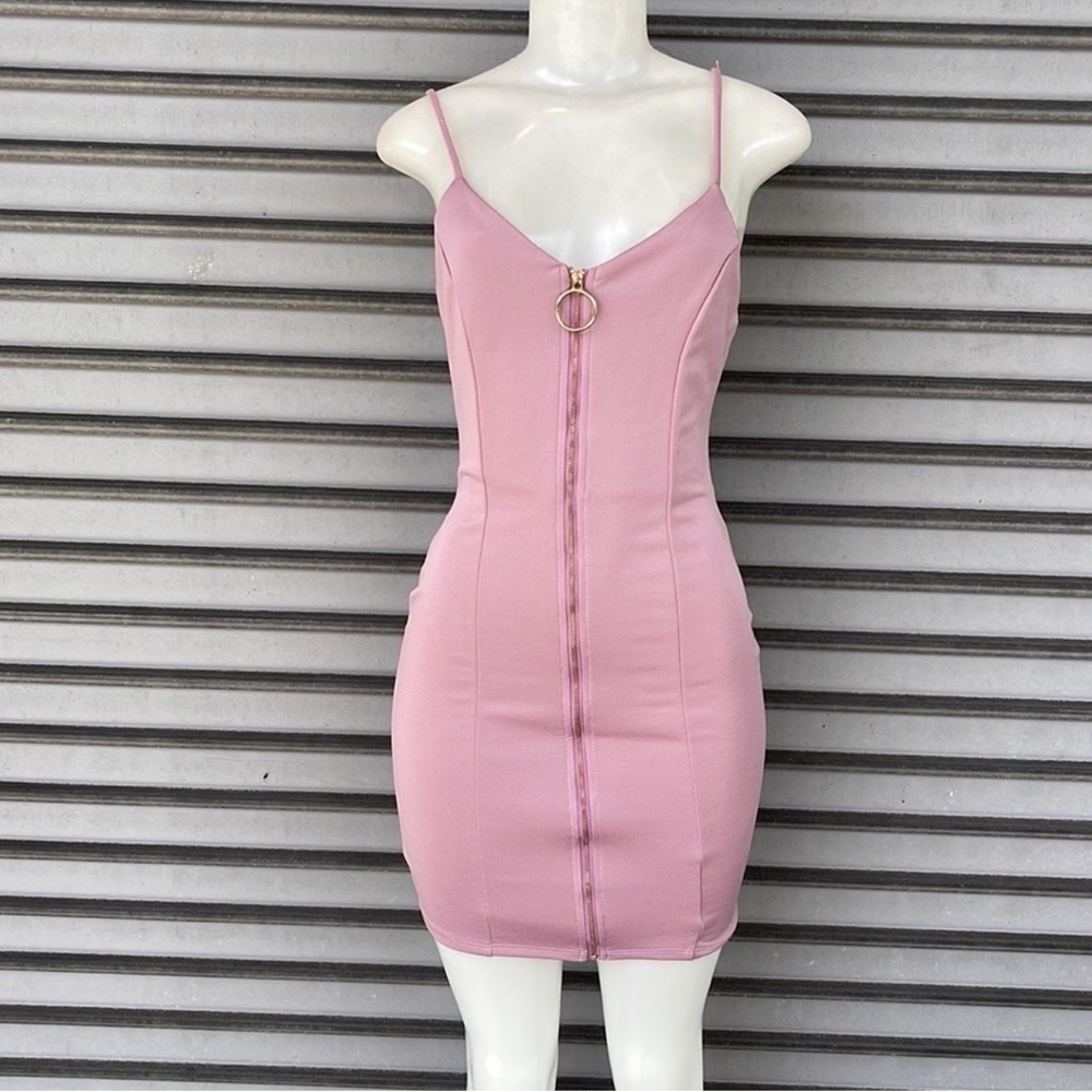 Trendy JS Mauve Pink O-Ring Full Zip Front Bodycon Mini Dress Clubwear Medium